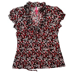 Heart Soul Women's Black/Red Geometric Ruffle Babydoll Cap Sleeve Top L Large